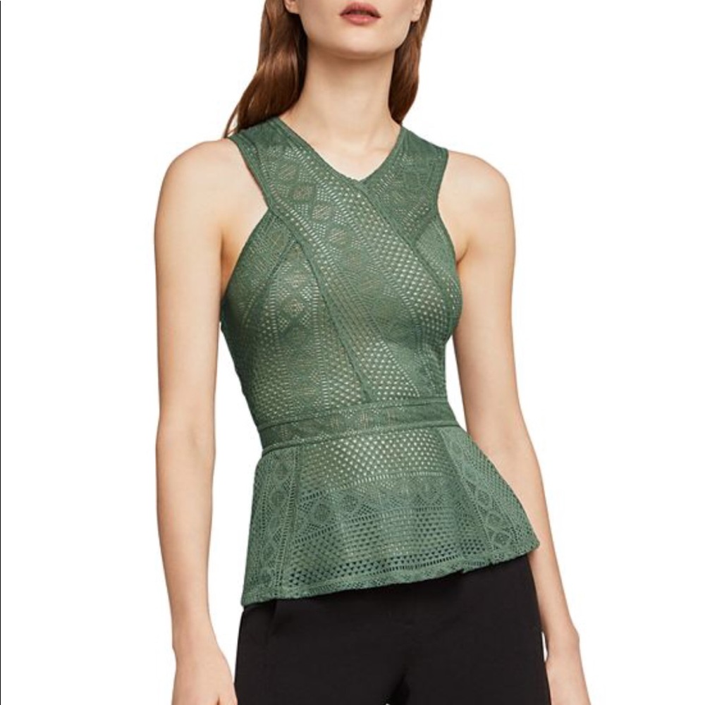 💫BCBG MaxAzria Green Lace Hanne Peplum Top
